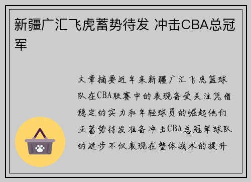 新疆广汇飞虎蓄势待发 冲击CBA总冠军
