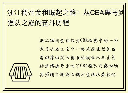 浙江稠州金租崛起之路：从CBA黑马到强队之巅的奋斗历程